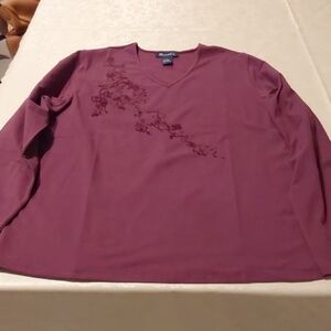 Denim & Co Rich Purple V-Neck Long Sleeve Top. Large. Applique Trim
